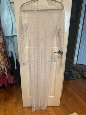 Sheer Long Sleeve Embellished Mesh Maxi Dress - White